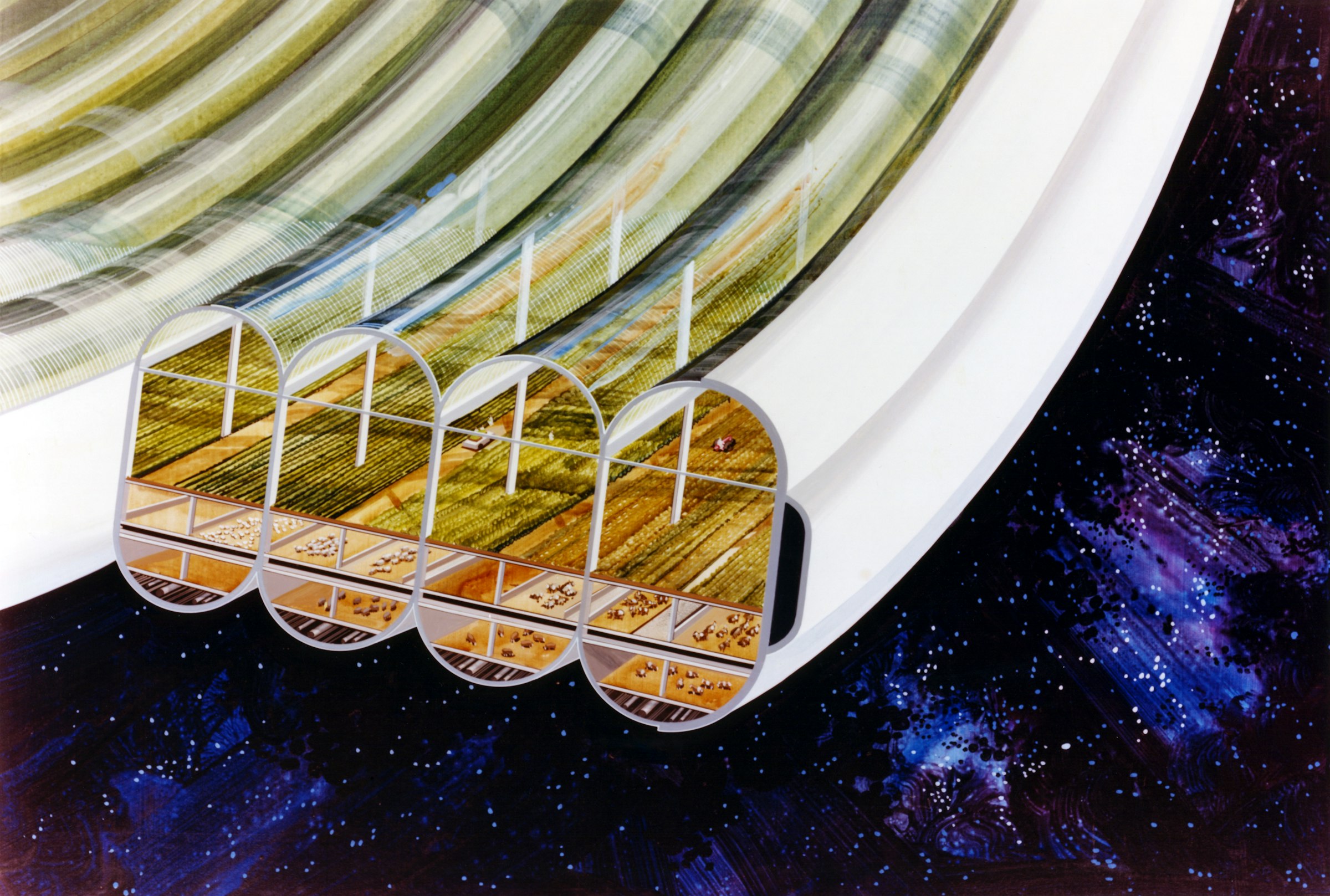 futuristic painting of farmland in space
