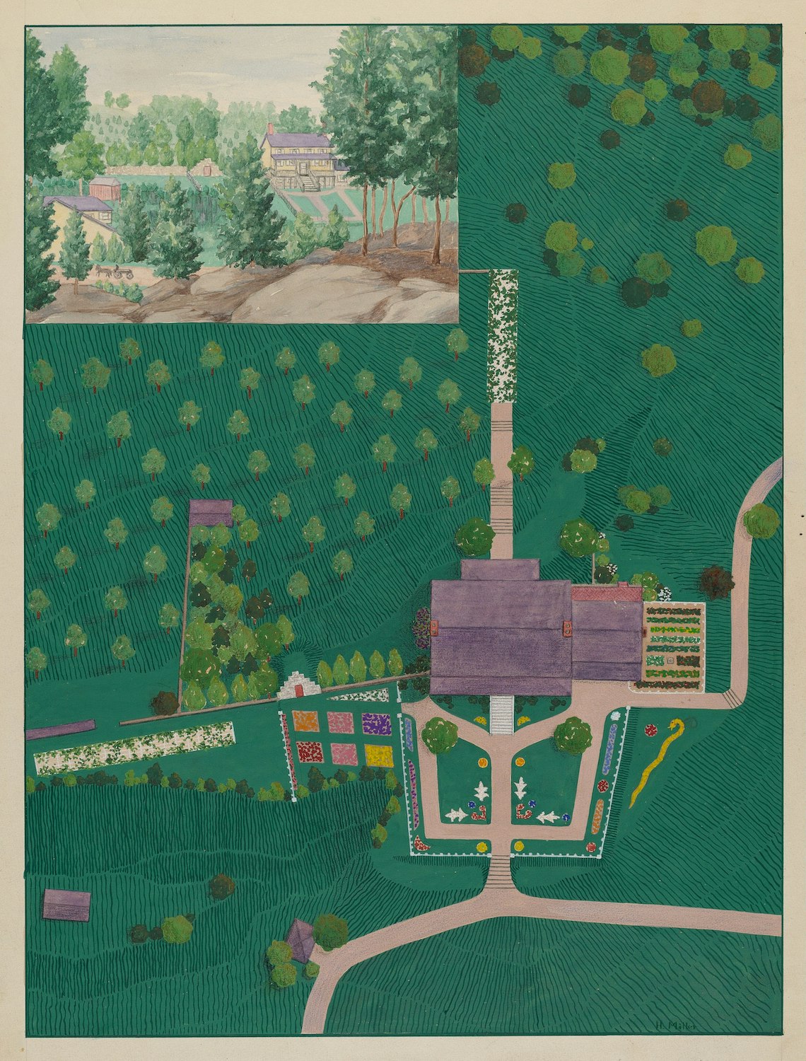 painting of eagle eye view of farmland